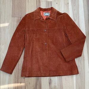 Vintage Clio Y2K 100% Suede Leather Button Retro Boho Orange/Rust Jacket Size 8